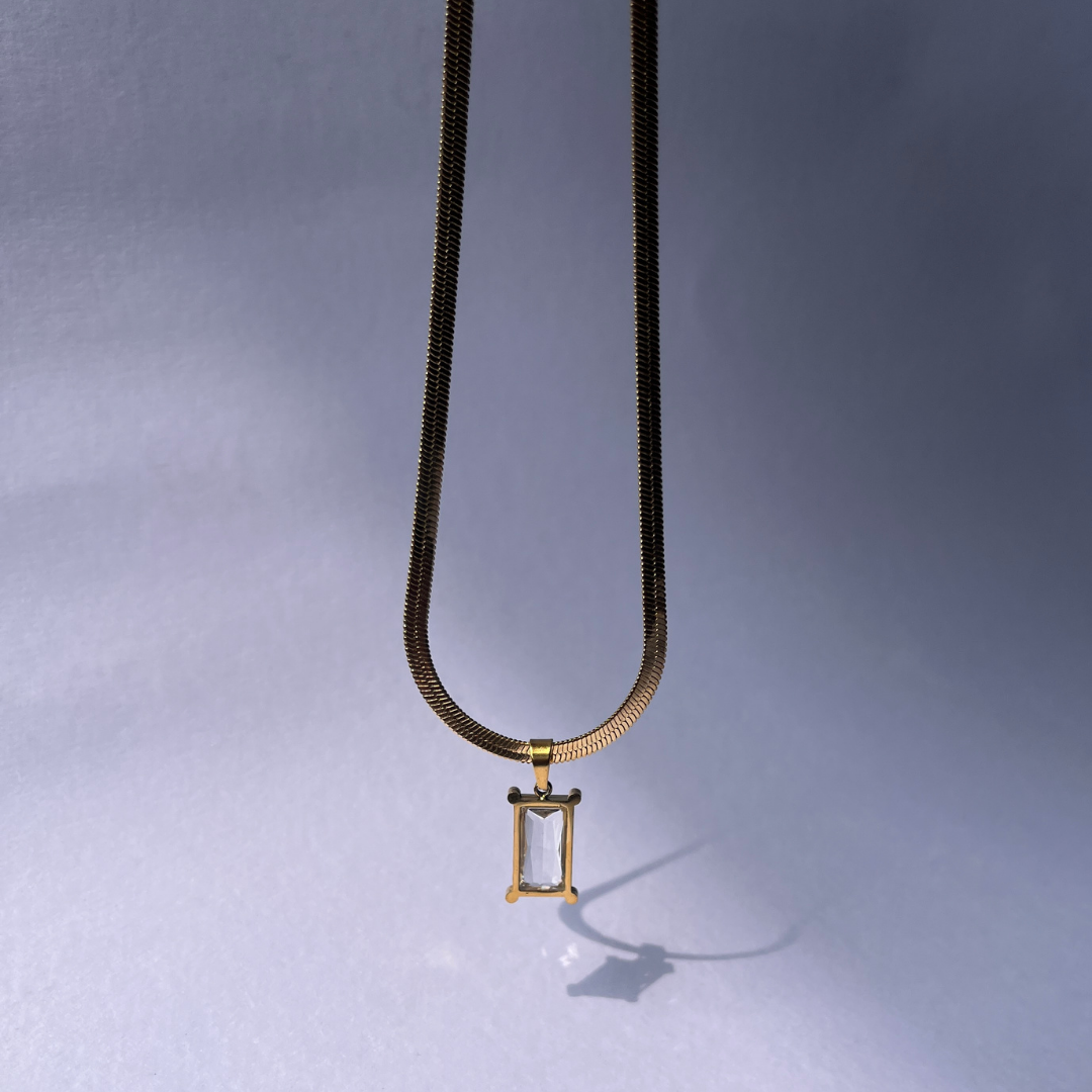 Snake Chain Necklace with White Stone Pendant